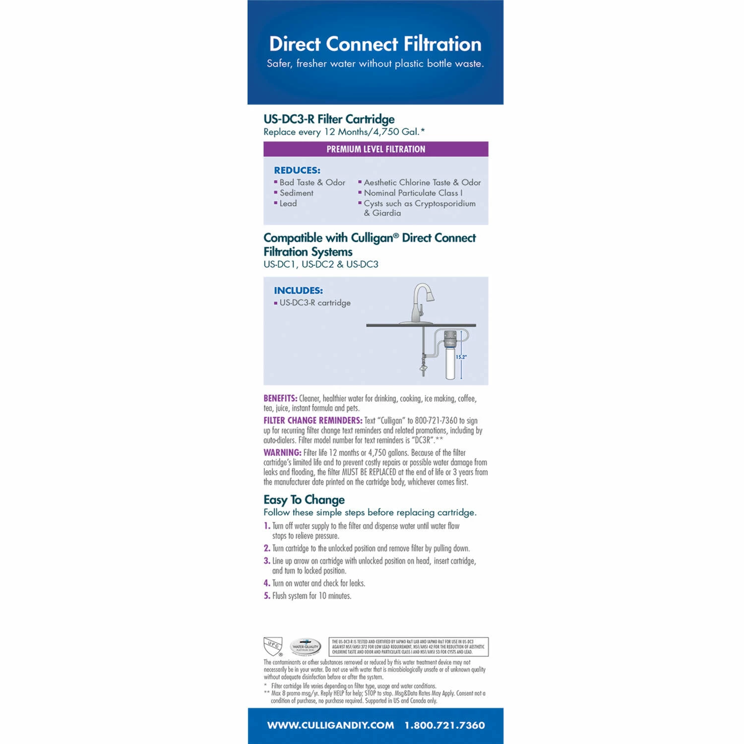 Culligan Under Sink Replacement Cartridge And Filter For Culligan US-DC3 - Image 4